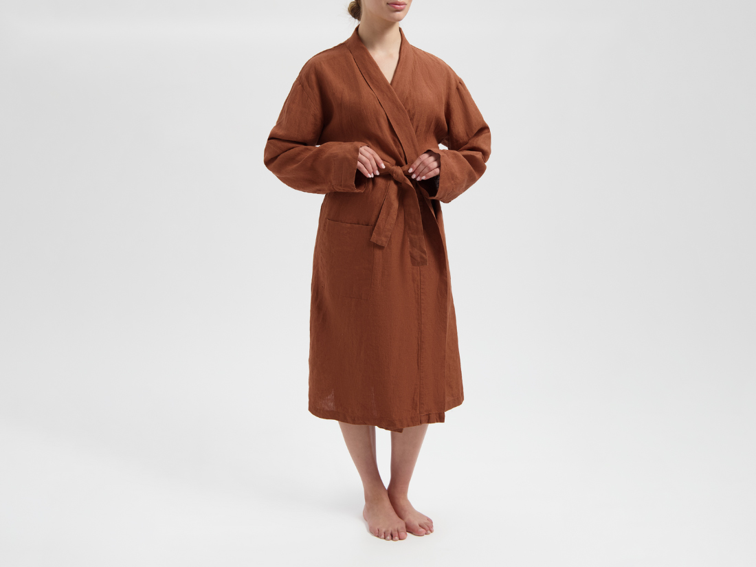 Image of Yumeko Kimono badjas gewassen linnen almond brown 100% gewassen linnen
