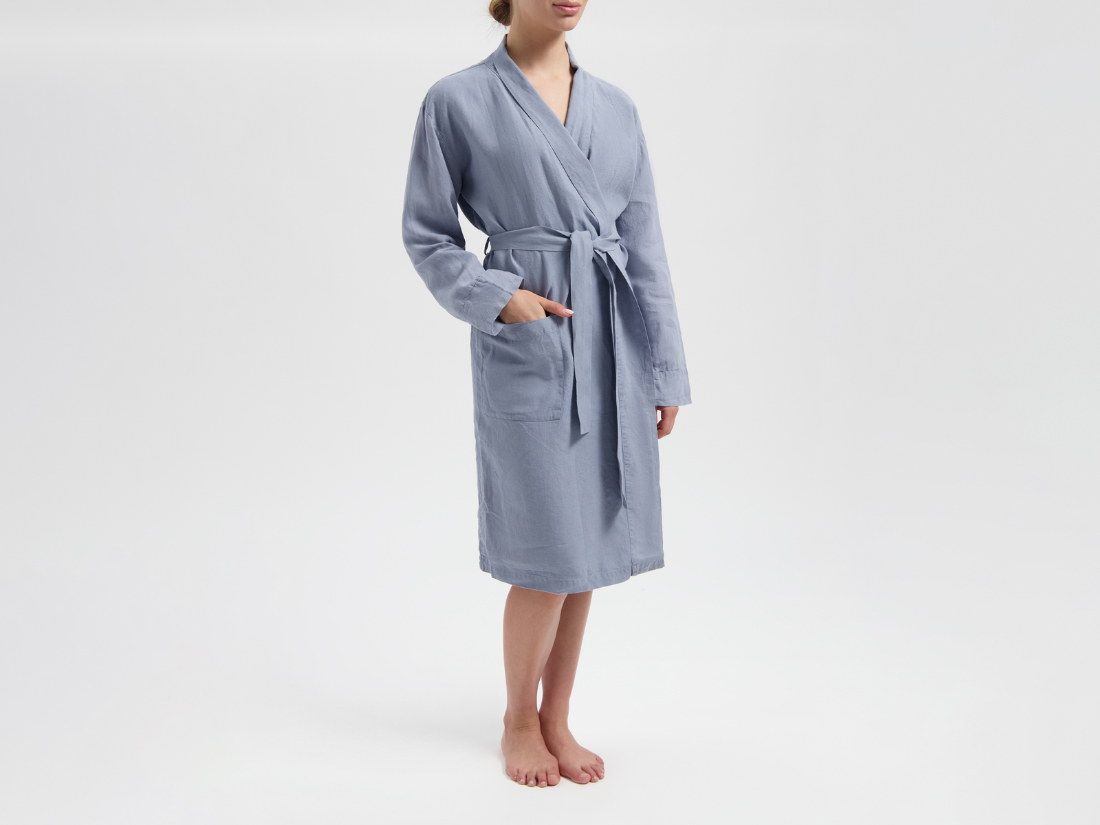 Image of Yumeko Kimono badjas gewassen linnen dusk blue L 100% gewassen linnen