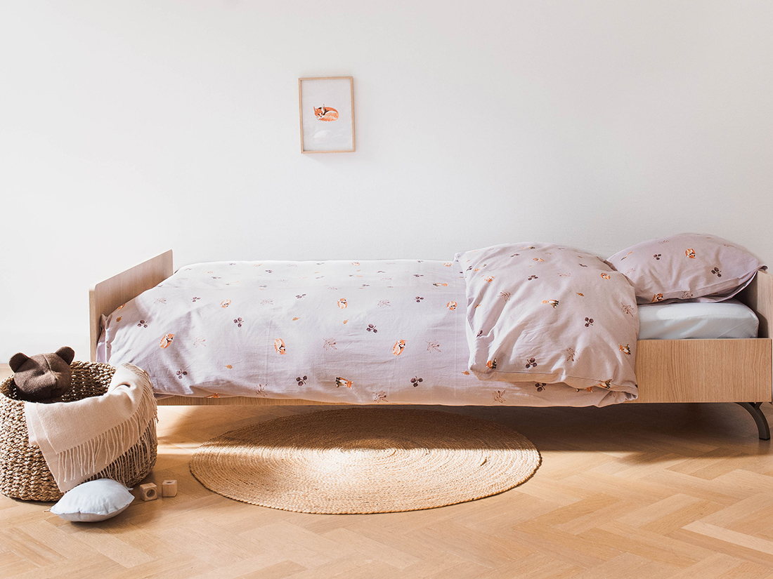 Yumeko Kinderdekbedovertrek katoen satijn little fox mauve 100 biologisch en fairtrade katoen