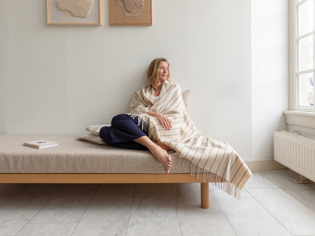 Yumeko Plaid kasjmierblend stripe ivory 130x190 80 merino scheerwol, 20 kasjmier