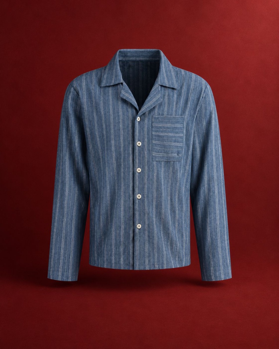 Pyjamaset heren flanel denim blue/white stripe
