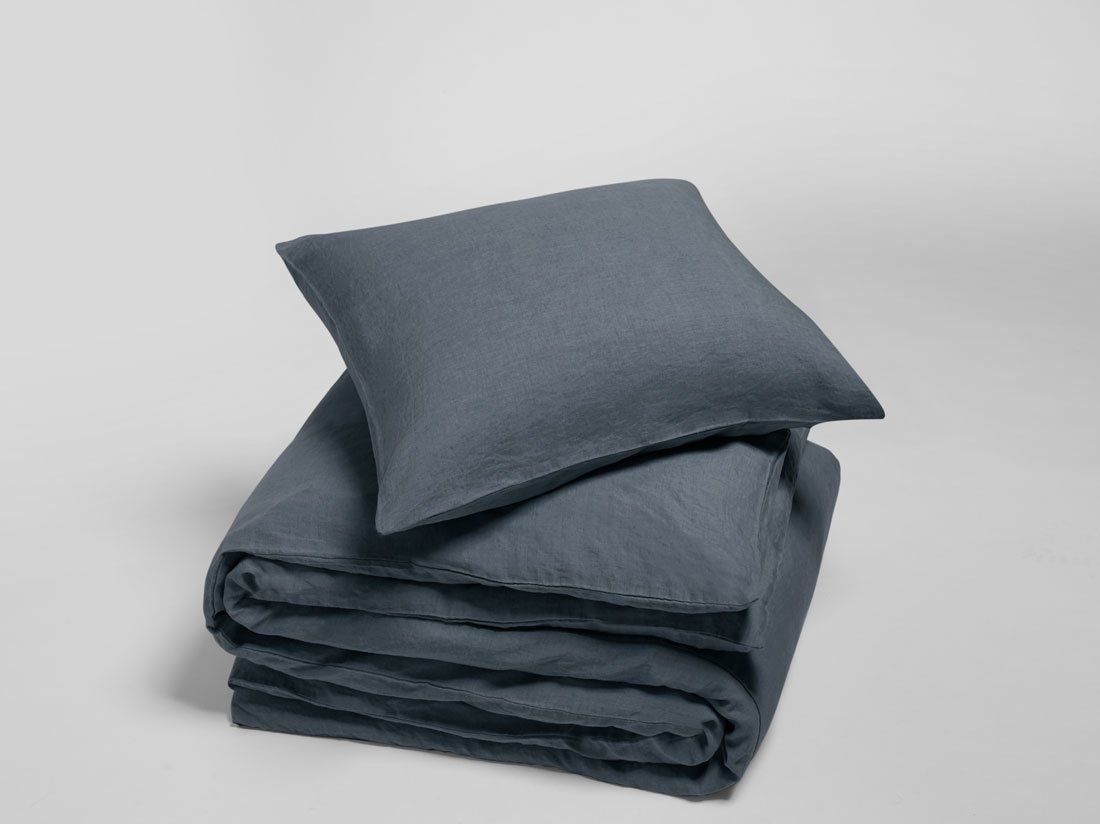 Parure de lit lin lavé bleu terre