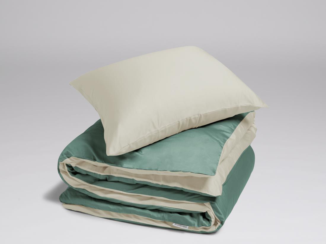 Parure de lit satin de coton double face sable/vert