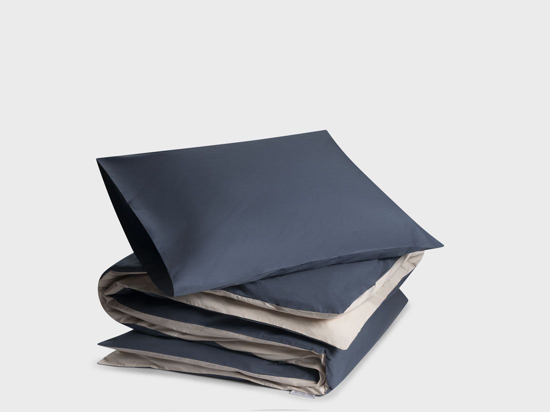 Parure de lit percale de coton double face bleu/sable
