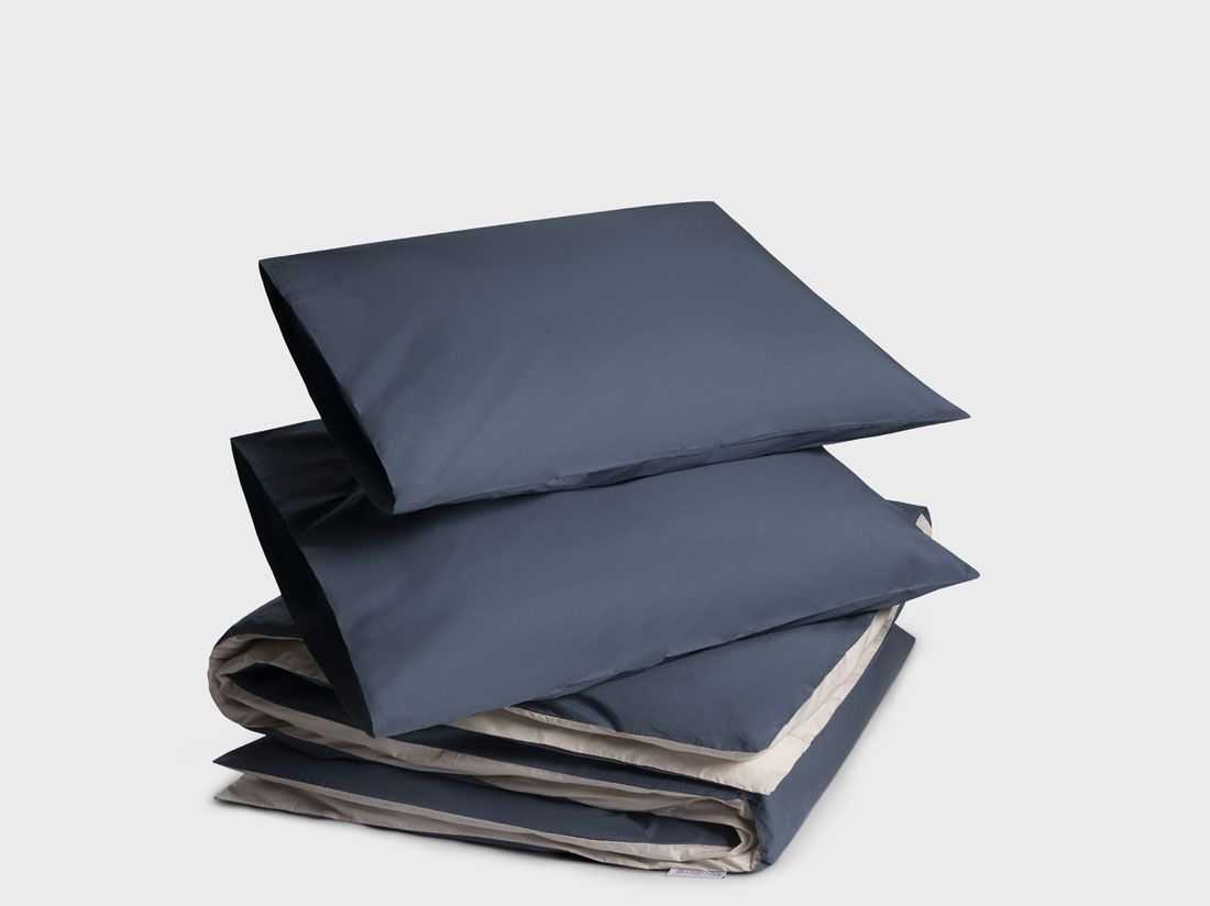 Parure de lit percale de coton double face bleu/sable