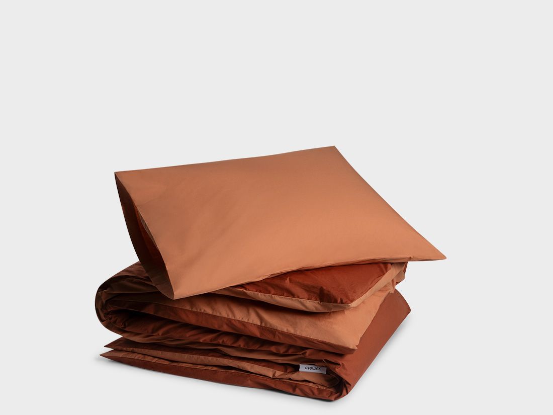 Parure de lit percale de coton double face terracotta/rouge rouille