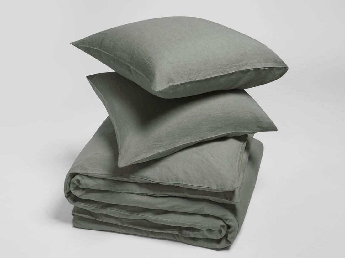 Parure de lit lin lavé vert pierre