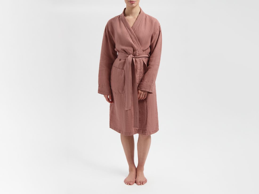 Kimono Bademantel Gewaschenes Leinen Clay Rose