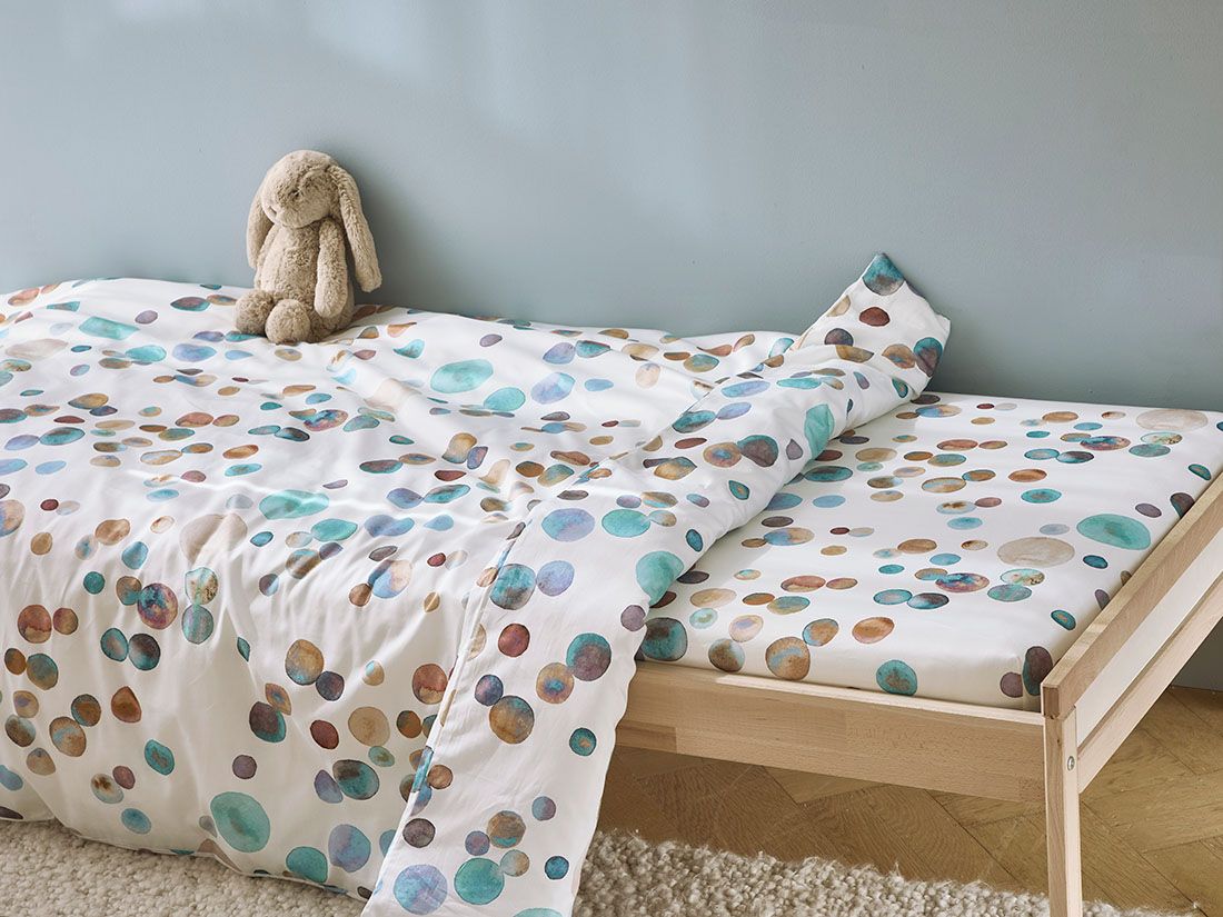 Kinderhoeslaken katoensatijn watercolor dots multicolor