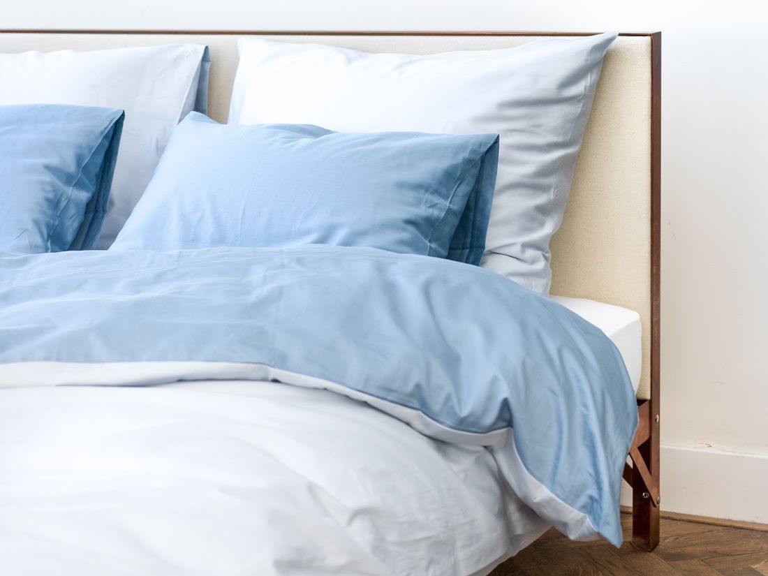 Parure de lit satin de coton double face bleu