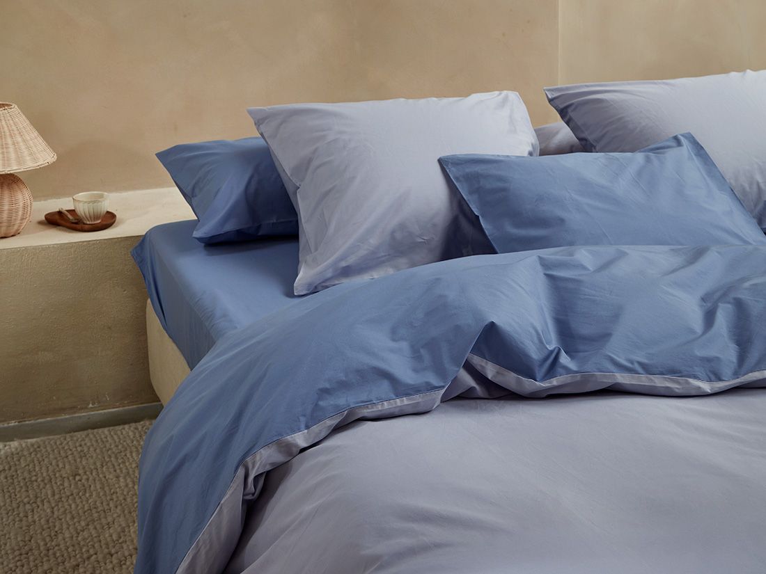 Parure de lit percale de coton double face bleu lavande/serein