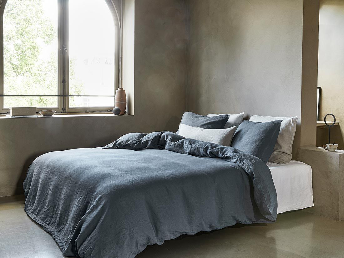 Parure de lit lin lavé bleu terre