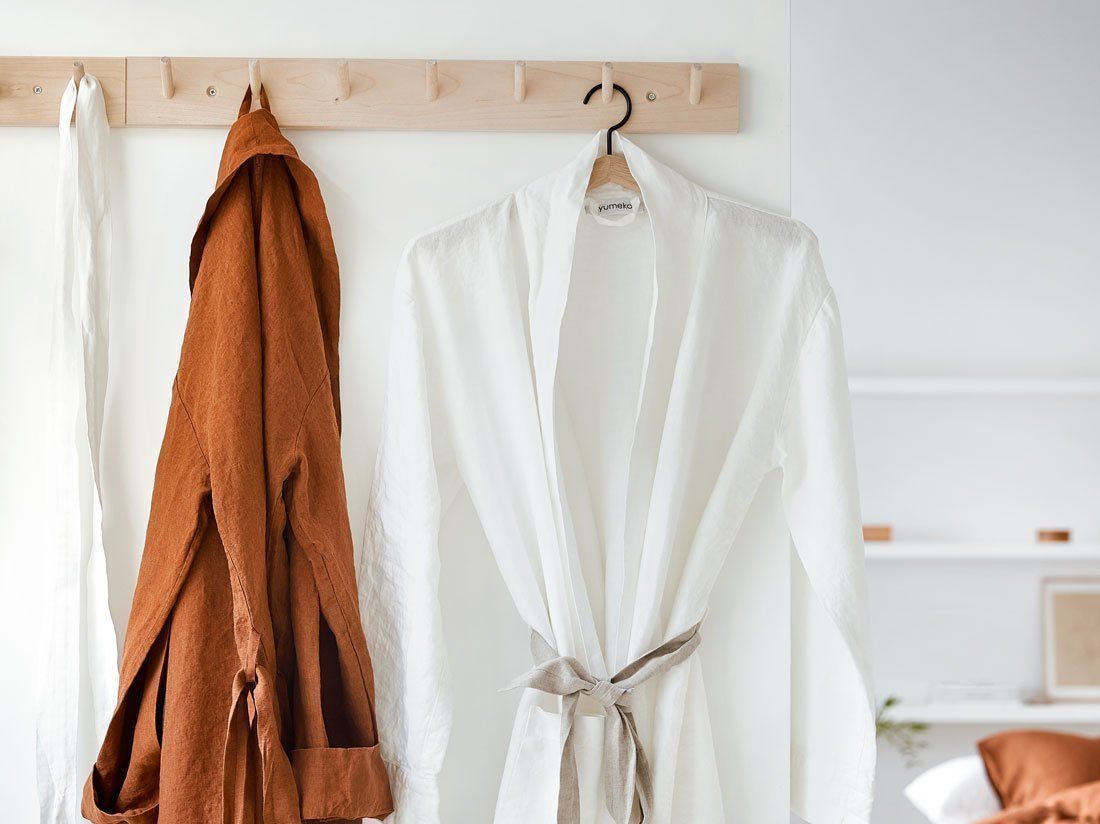 Kimono Bademantel Gewaschenes Leinen Almond Brown