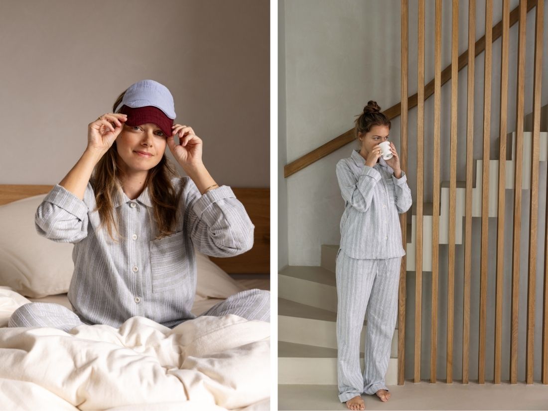 Pyjamaoberteil Damen Flanell Light Grey/white Stripe