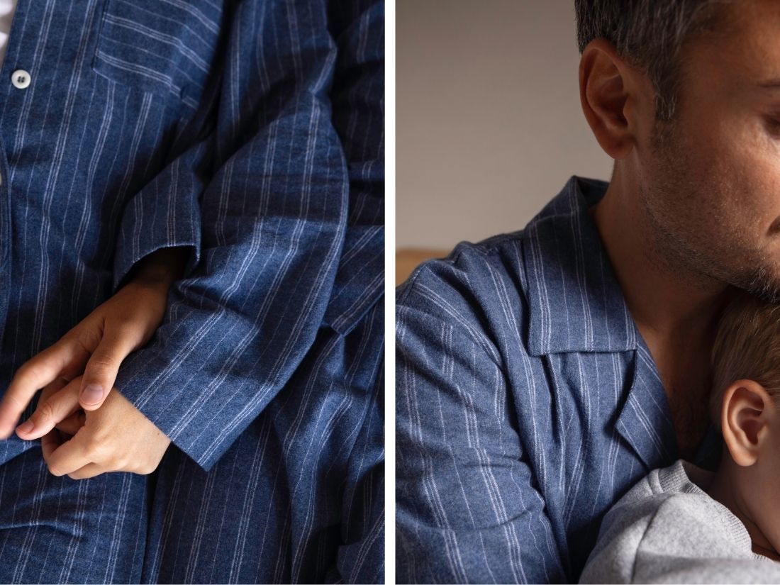 Pyjamashirt heren flanel denim blue/white stripe