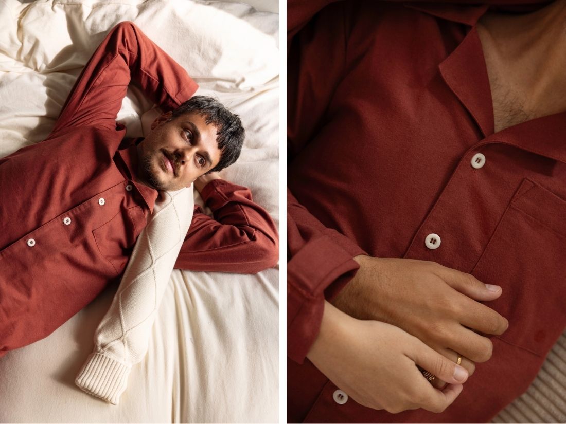 Chemise de pyjama flanelle de coton pour homme velours rouge