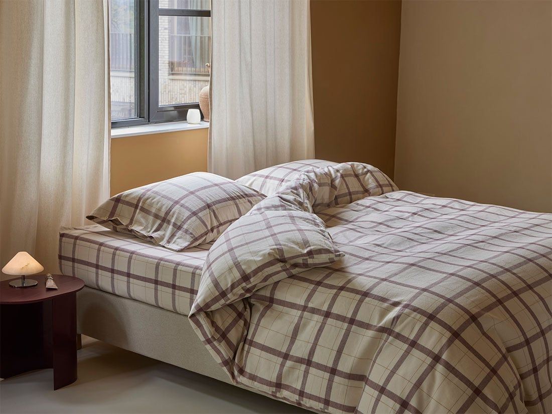 Housse de couette flanelle de coton damier mauve