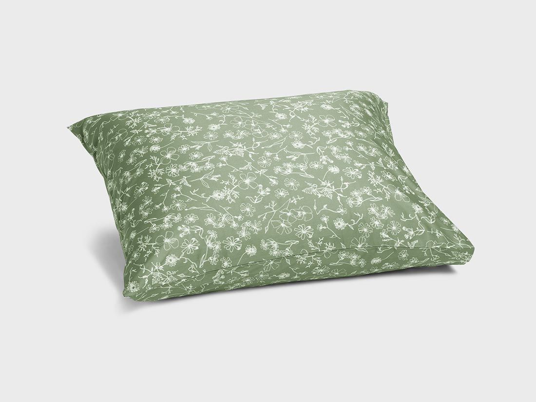 Taie d'oreiller satin de coton champs de fleurs vert d'olive