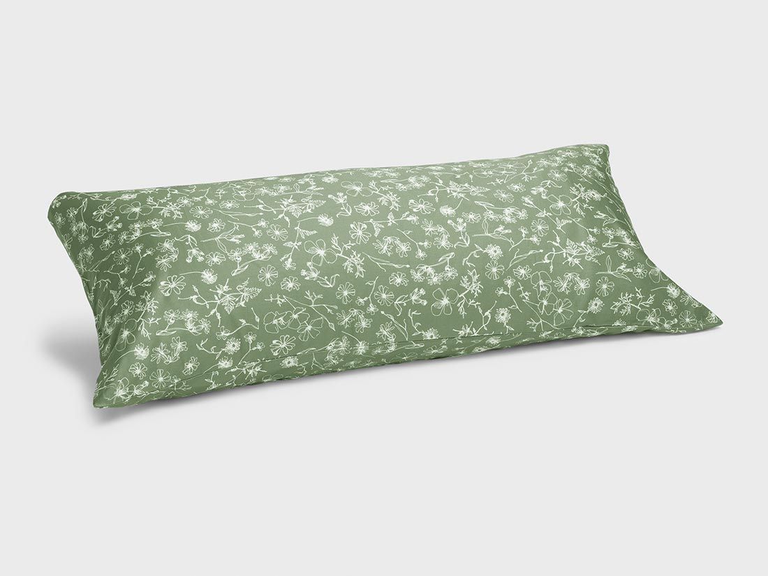 Taie d'oreiller satin de coton champs de fleurs vert d'olive