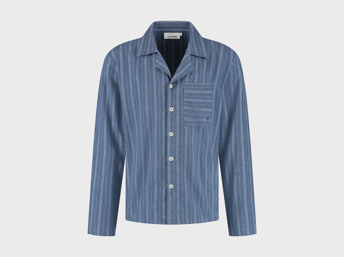 Pyjamashirt heren flanel denim blue/white stripe