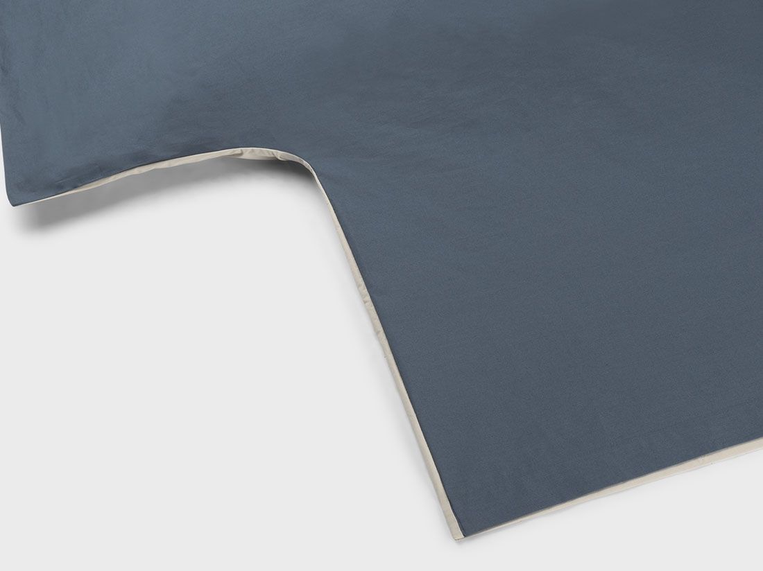 Parure de lit percale de coton double face bleu/sable