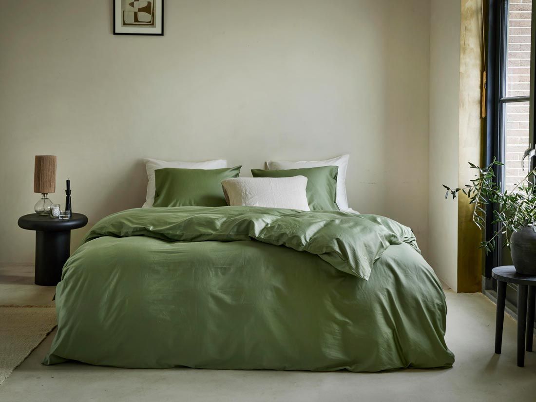 Parure de lit satin de coton vert olive moyen