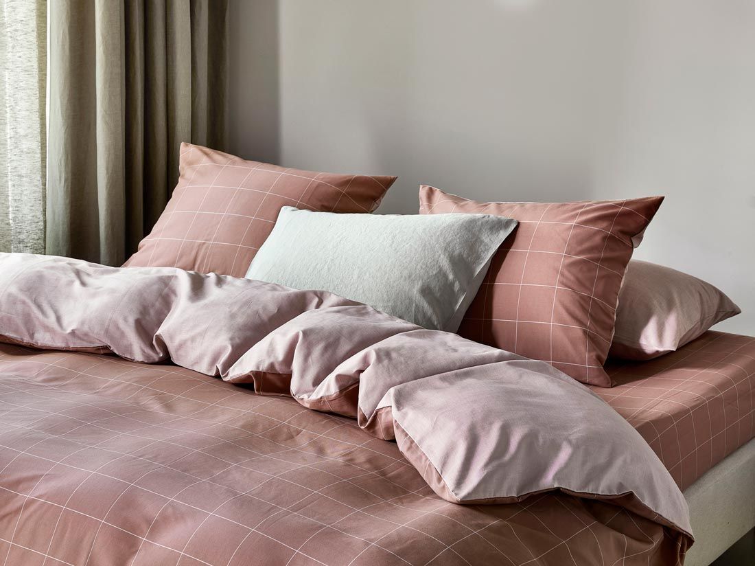 Dekbedovertrek katoen TENCEL™ double face rose check/chambray