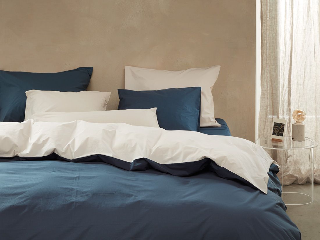 Parure de lit percale de coton double face bleu/sable
