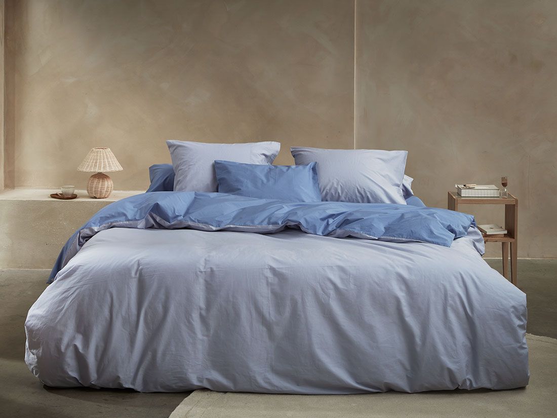 Parure de lit percale de coton double face bleu lavande/serein