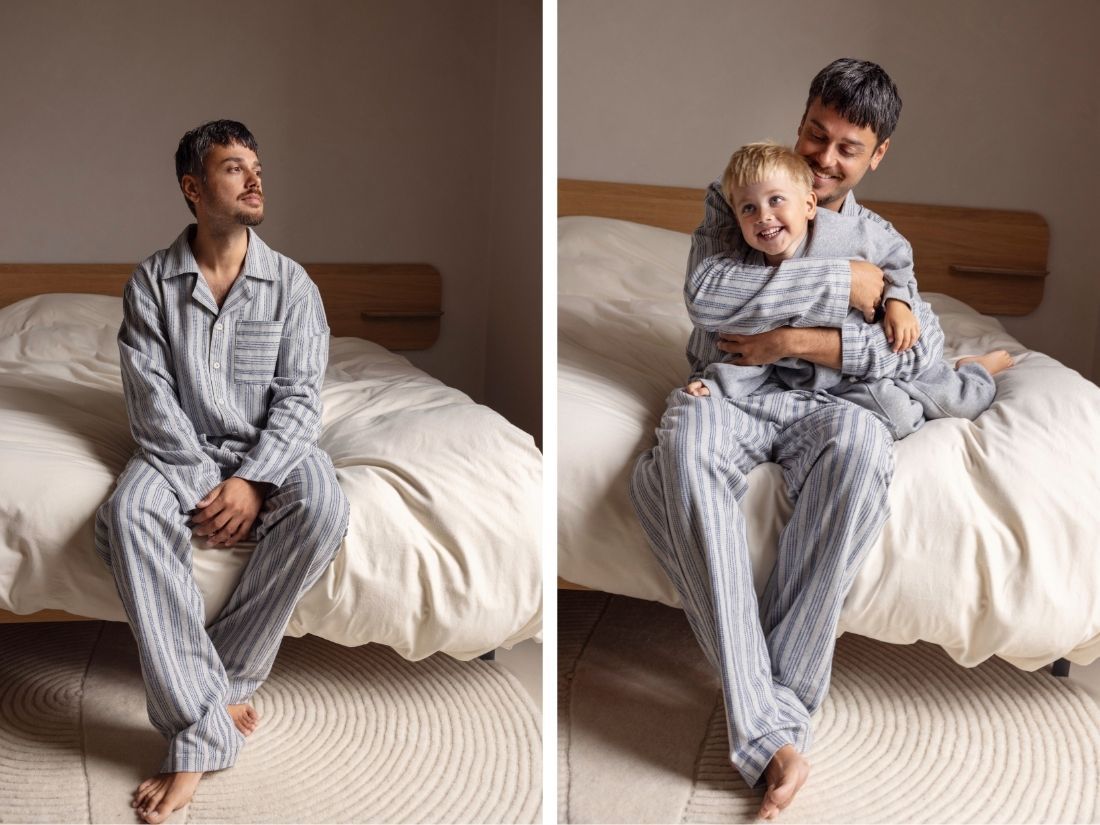 Nattøj sæt herre bomuldsflonel light grey/blue stripe