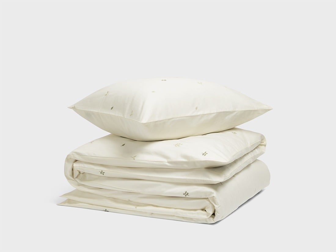 Parure de lit satin de coton blanc chaud botanique