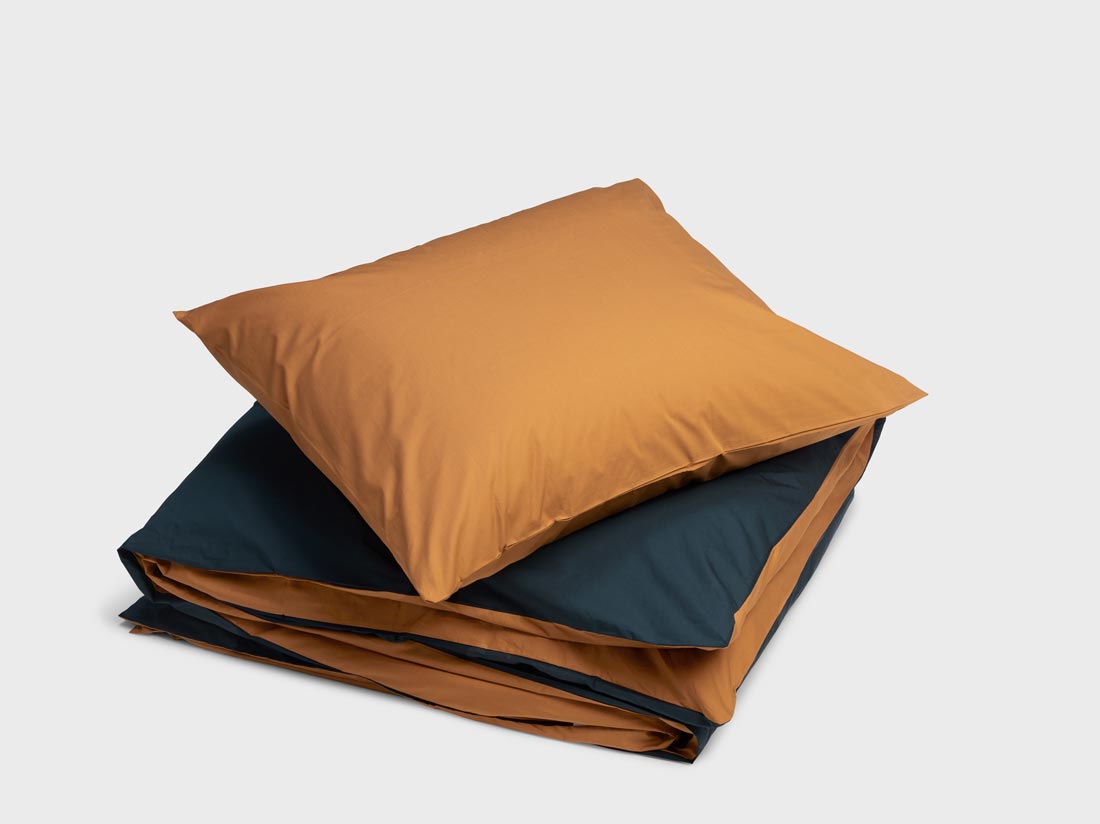 Dekbedovertrek percal katoen double face ochre/navy