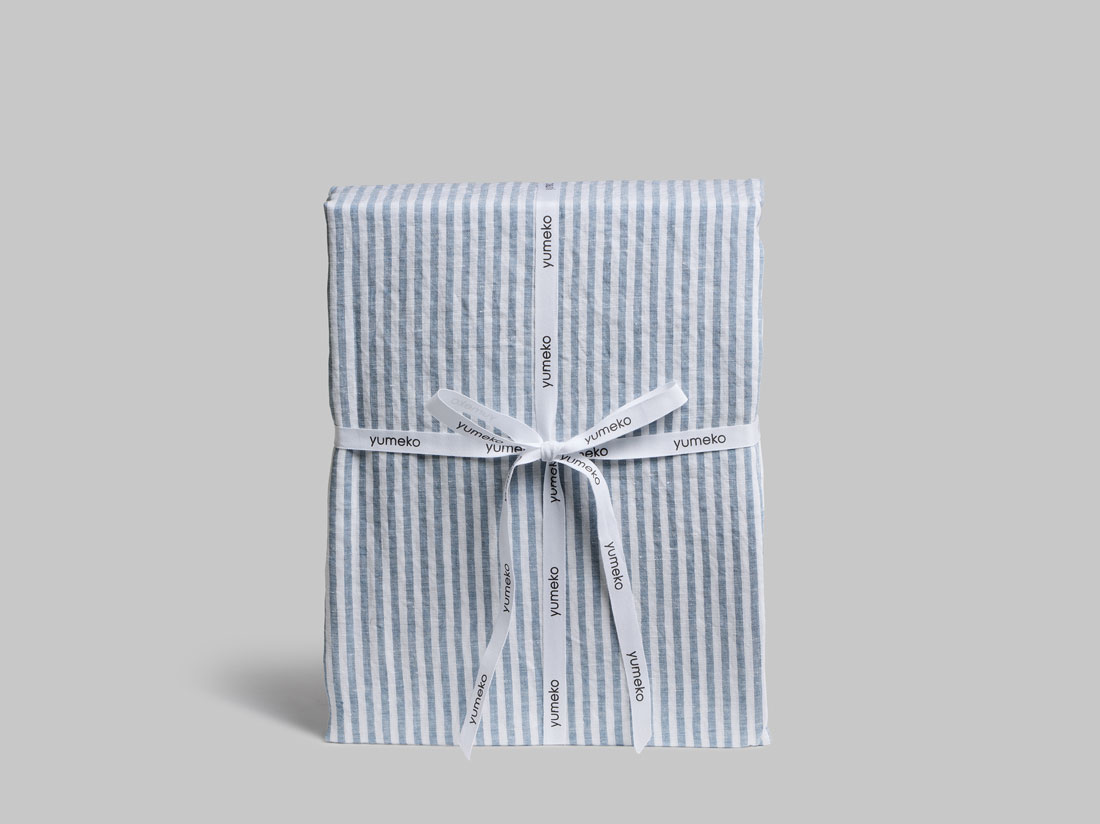 Parure de lit lin lavé à rayures bleues