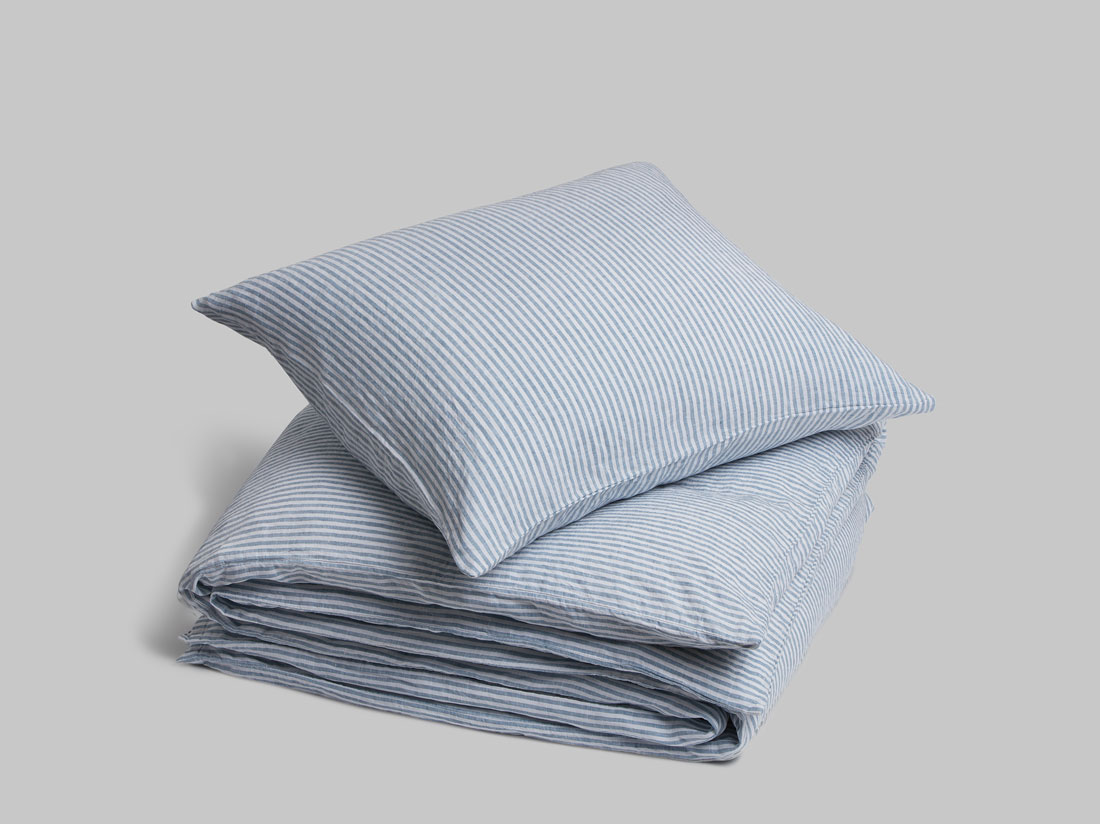 Parure de lit lin lavé à rayures bleues