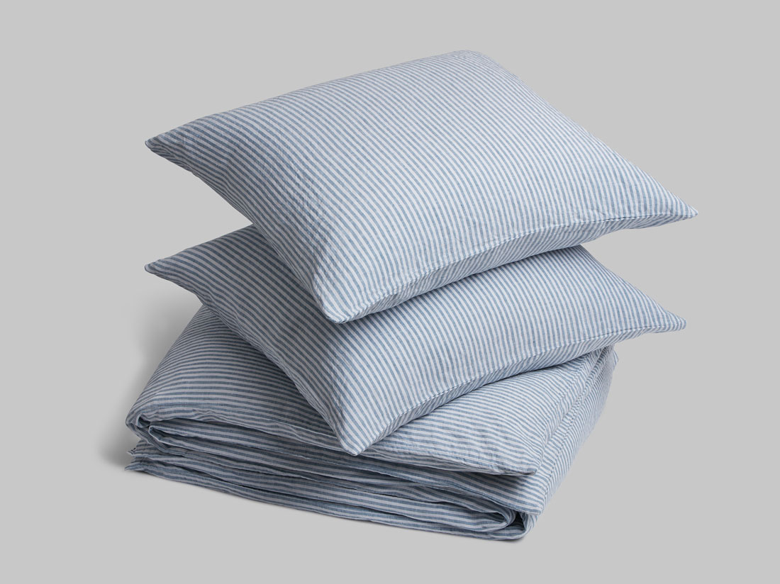 Parure de lit lin lavé à rayures bleues