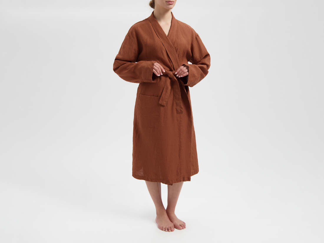 Kimono badjas gewassen linnen almond brown