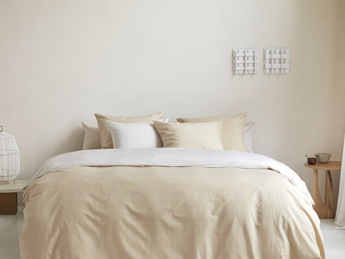 Dekbedovertrek katoen TENCEL™ double face latte check/chambray