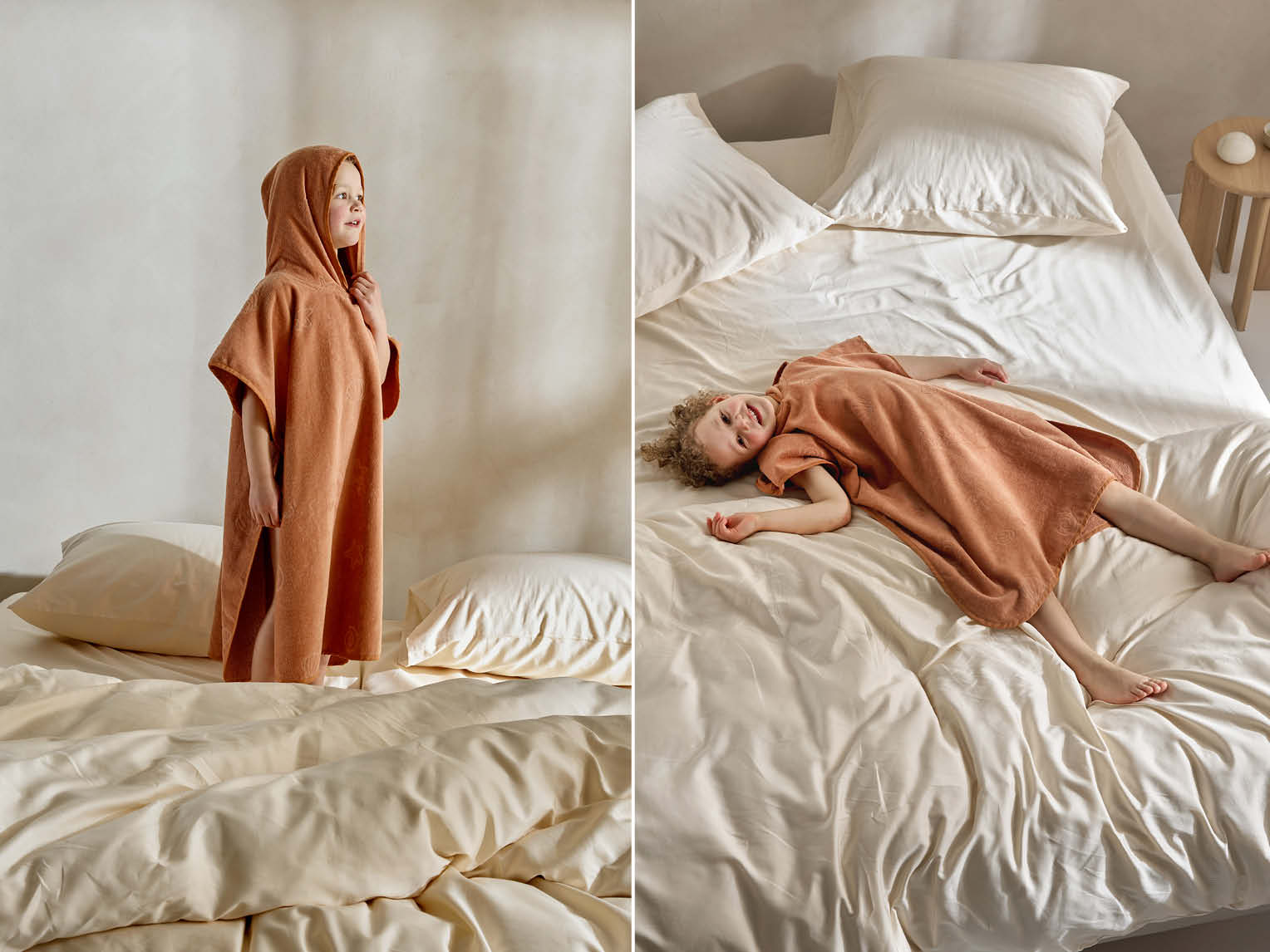 Badponcho för barn i velour seashell terracotta