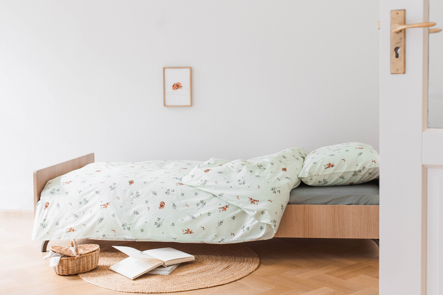 Kinderdekbedovertrek katoen satijn little deer light green
