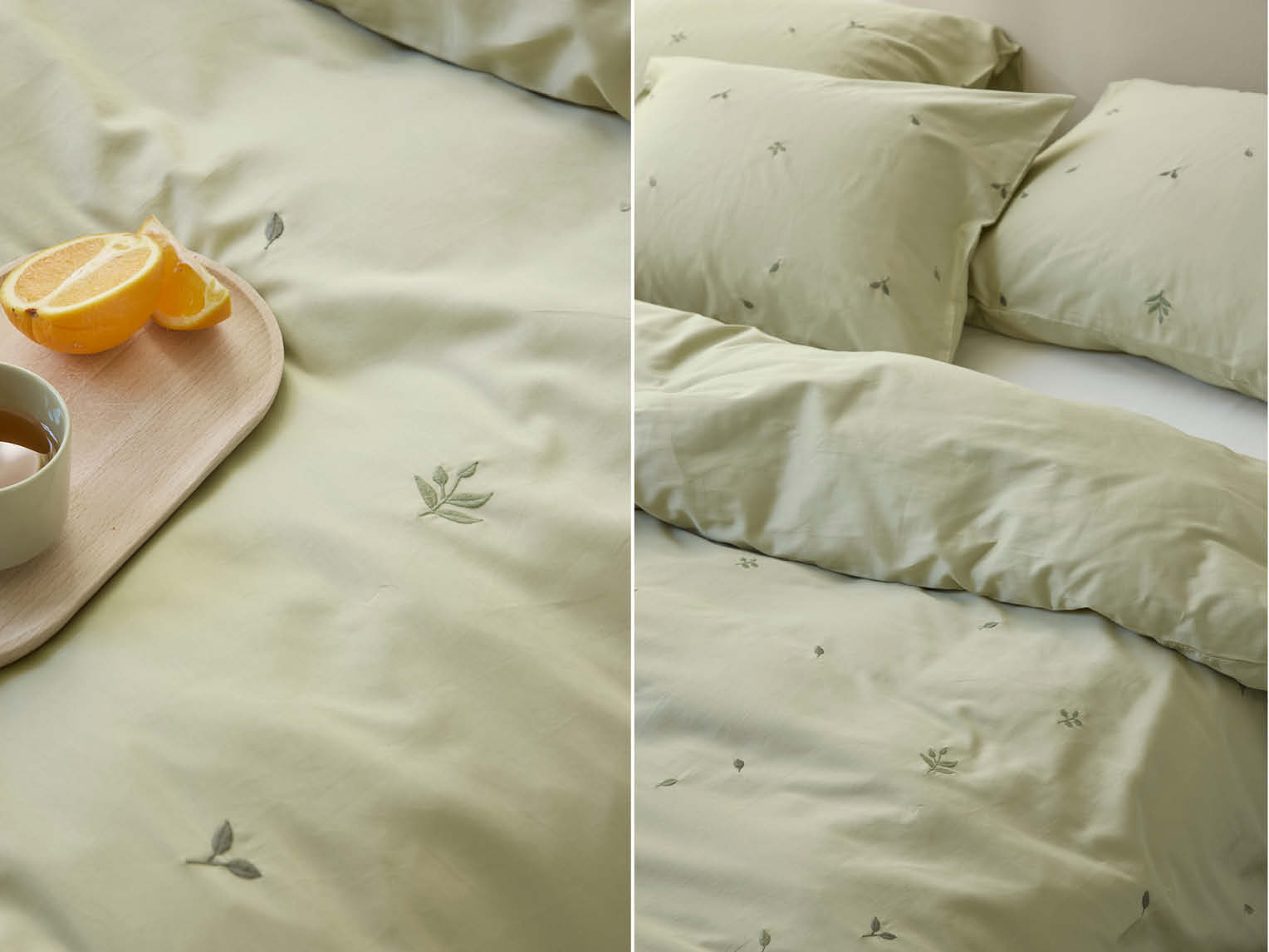 Dekbedovertrek katoen satijn light olive botanical