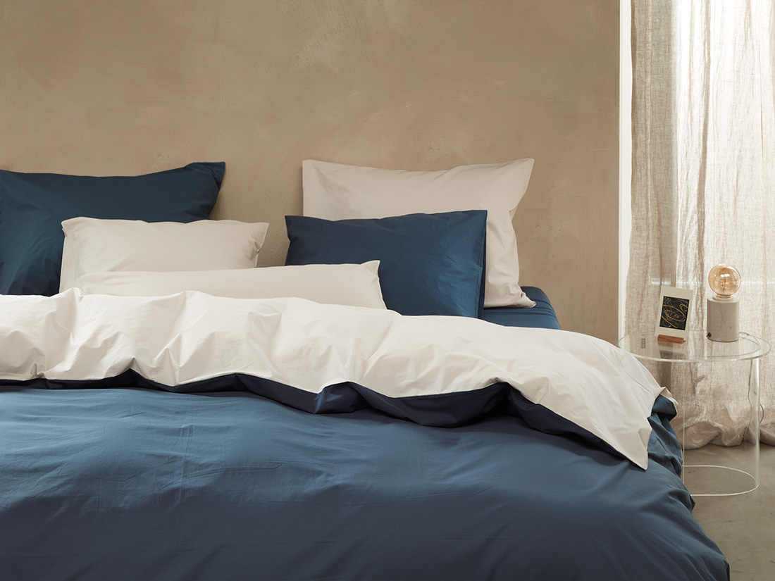 Dekbedovertrek percal katoen double face blue/sand