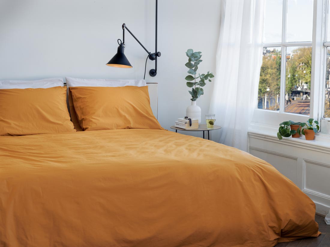Parure de lit percale de coton jaune ocre