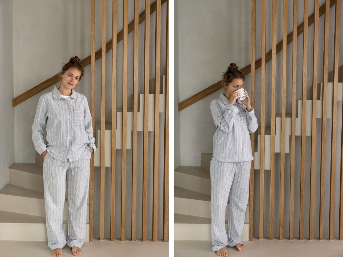 Pyjamasset dam flanell light grey/white stripe