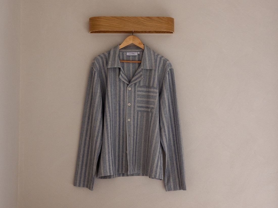 Pyjamashirt heren flanel light grey/blue stripe