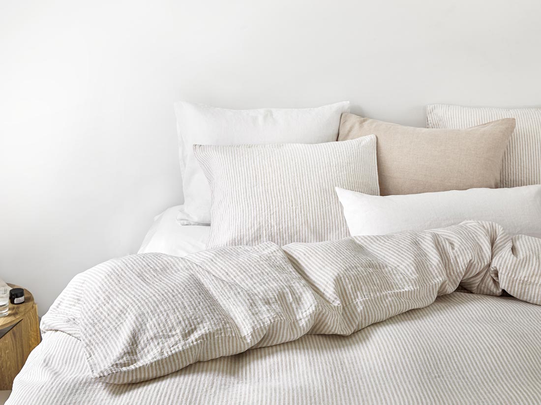 Parure de lit lin lavé à rayures naturelles