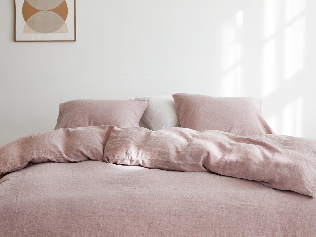 Taie d'oreiller lin lavé rose chambray