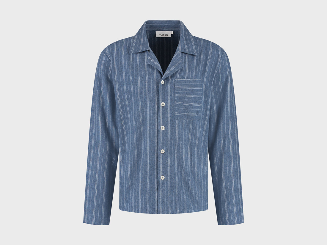 Pyjama-Set Herren Flanell Denim Blue/White Stripe