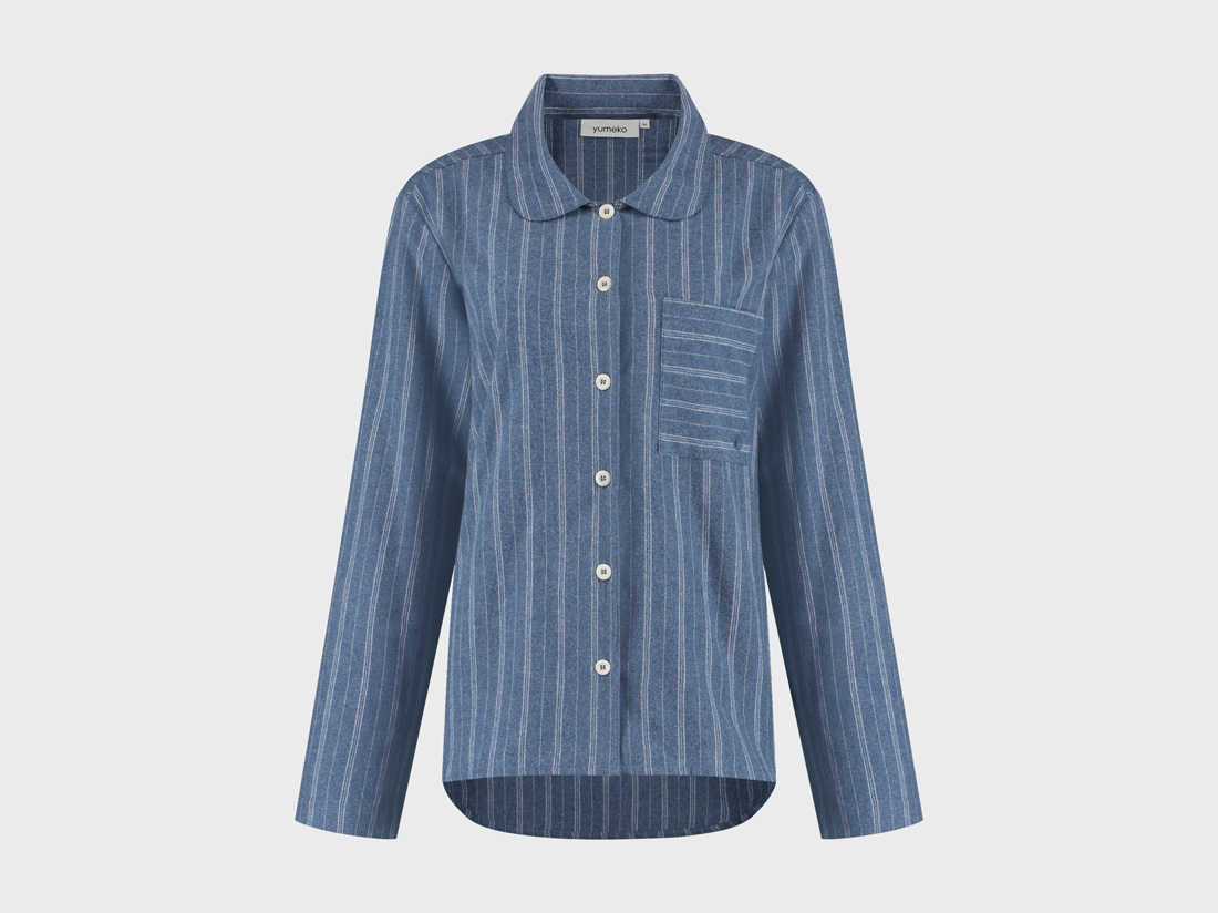 Pyjamaoberteil Damen Flanell Denim Blue/white Stripe